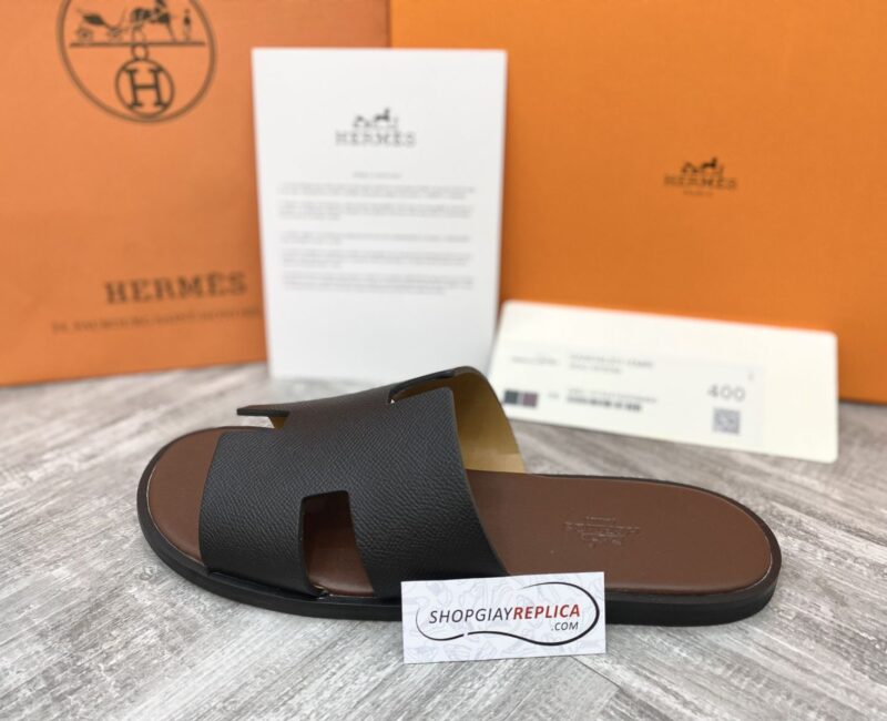 Dép Hermes Nam da Epsom (Sần) Màu Đen đế Nâu