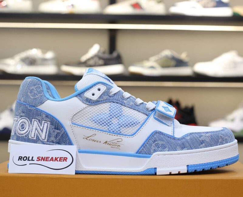 Giày Louis Vuitton Lv Trainer Monogram Denim Blue quai Velcro Like Auth
