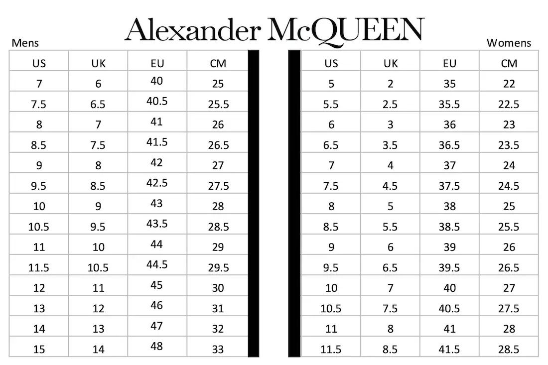 bảng size Mcqueen