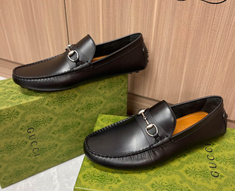 Giày Lười Nam Gucci Men's Driver With Horsebit Loafers Đen Da Trơn